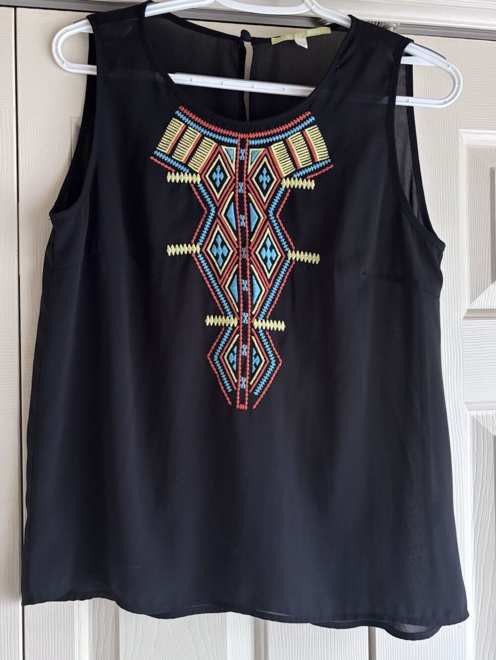 Gianni Bini Shell Tank Women L Black Embroidered Aztec Native American